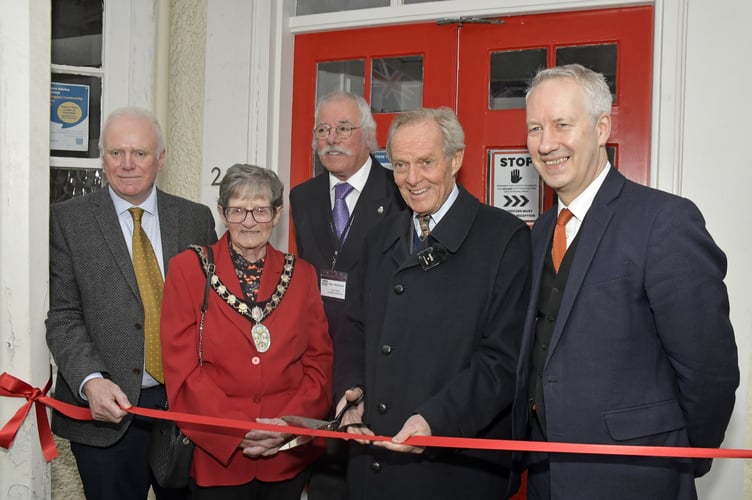 Opening Wellington Museum is the Duke of Wellington, Charles Wellesley (centre), with (left to right) Cllr Mark Lithgow, museum society chairman, Wellington Mayor Cllr Janet Lloyd, Mike Menhenitt, museum vice chairman, and local MP Gideon Amos. PHOTO: Alain Lockyer