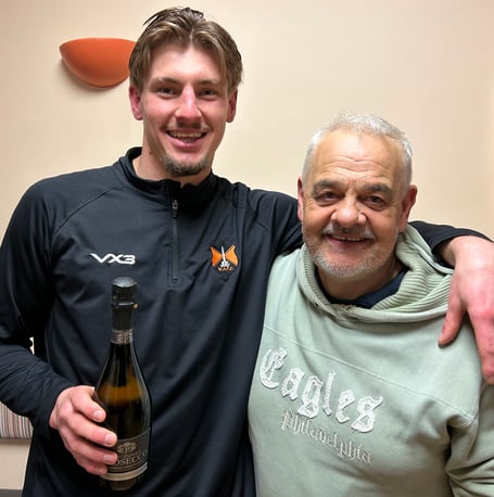 Defender Jordan Hayman was Wellington's Player of the Match and is pictured with club helper and former player Keith Harcombe from today's sponsor R&M Wholesale.
