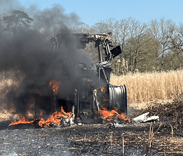 Wellington  fire crews were called when this tractor burst into flames near Bishops Lydeard.
