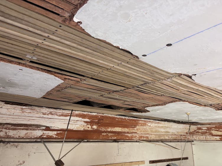Damage to Wiveliscombe Town Hall ceiling which is being repaired.