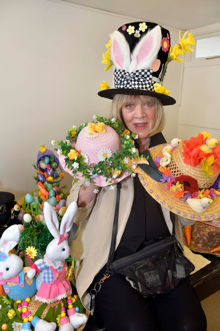 Film and television star Amanda Barrie returned to the Wellington area to judge an Easter bonnet contest in David Pipe's racehorse yard.