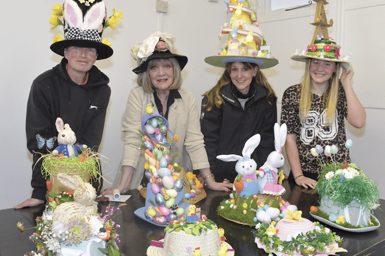 Actress Amanda Barrie (second, left) with Easter bonnet winners (left to right) Bex Mason, Mel Dixon, and Sophie Pipe was third. PHOTO: Alain Lockyer.