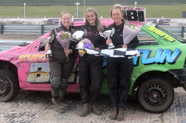 Top three in The Devonshire Cup for Ladies Bangers in 2025 - left to right, runner-up Samantha White of Willenhall, winner Caitlin Emery of Exeter and third placed Donna Cottrell of North Petherwin