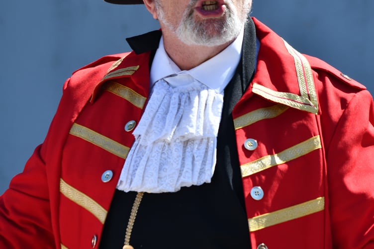 Wellington town crier Andrew Norris in action at the Yeovil Town Crier Competition on April 25.