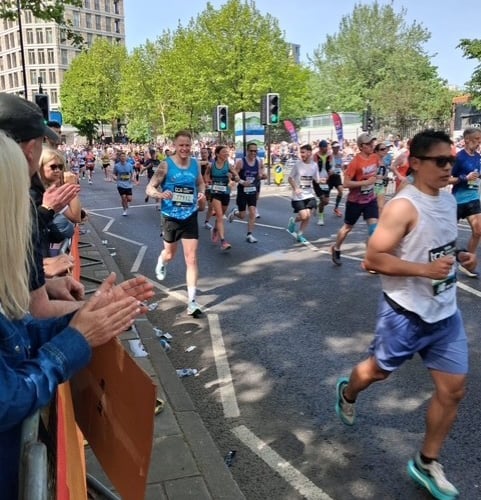 Staff and pupils from St John's watched Mr Foster's marathon effort on the TV on Sunday to cheer him on.