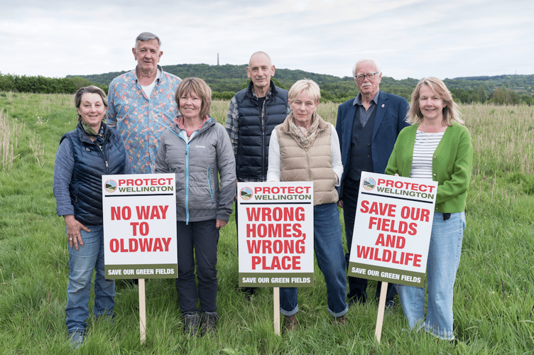 Some of the founders of the Protect Wellington group are (left to right) back row - Frank Sherlock, Michael Pollak, town Cllr Steve Mercer; Front - Anita Corbin, Lindsey Stanton, Holly Regan-Jones, Rachel Ellins. Richard Mackrory and Anne Elliottday were unable to make the photocell, and later contributors included Tim Lomas, Adrian Rose, and John Houghton. PHOTO: John O'Grady.
