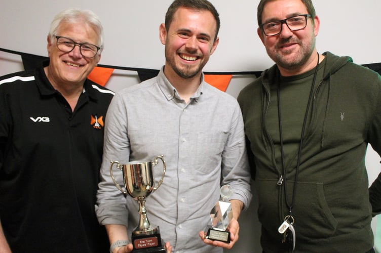 Glen Wright (centre), Players' Player and award for 300 games, with chairman Mike Hall (left) and first team manager Richard Cherry
