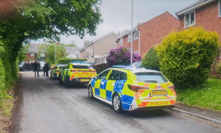 Some of the half-a-dozen police cars which were present around the Hoyles Road green area of Wellington on Wednesday as a group of 'travellers' were evicted.