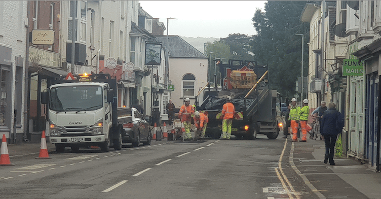 Potholes being repaired in South Street, Wellington, on Wednesday.