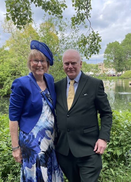 Mayor Cllr Mark Lithgow and consort Sarah at the Garden Party held at Buckingham Palace