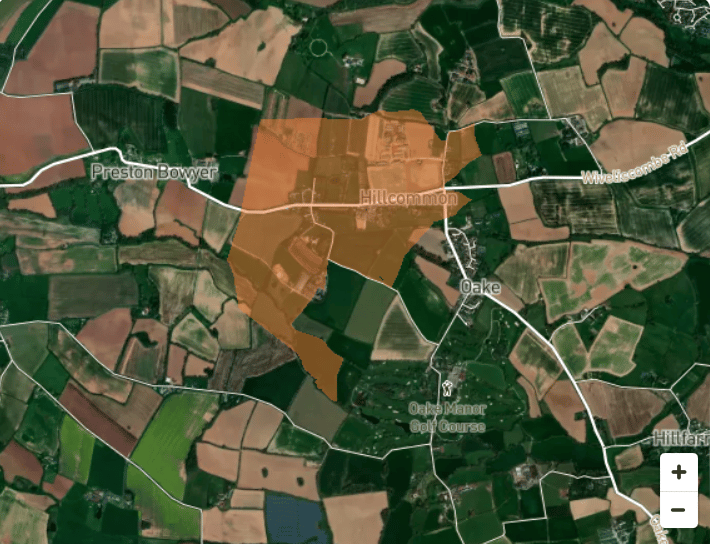 A National Grid map showing an area near Preston Bowyer affected by a power cut.