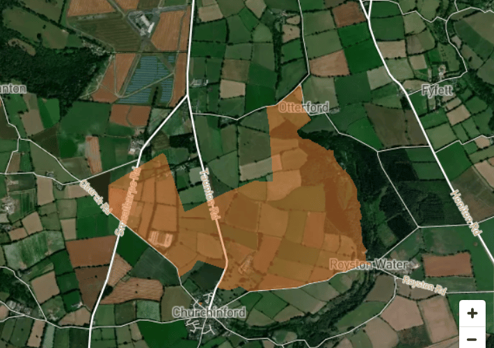 A National Grid map showing an area shaded in brown on the Blackdown Hills where properties were without electricity on Friday.