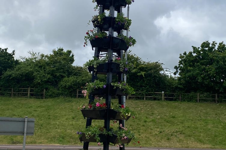 The structure on Longforth Farm roundabout will soon be awash with blooms after being planted up with Petunias and Surfinias. 