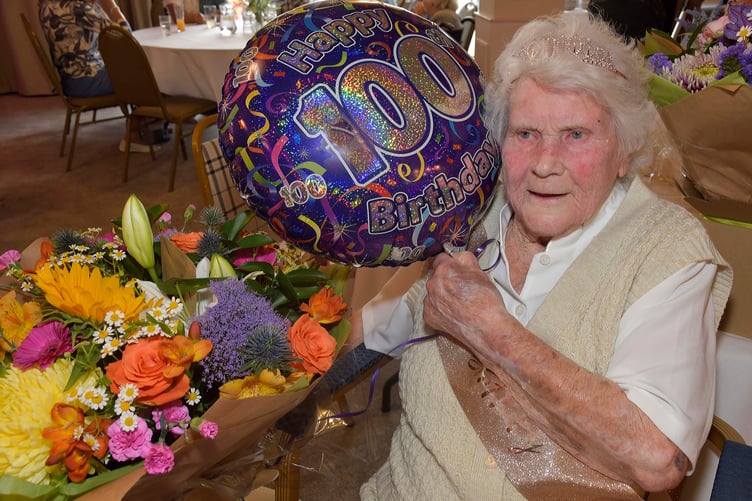 Mildred Trevelyan celebrated her 100th birthday with a tea party for family and friends in the Beambridge Inn. PHOTO: Alain Lockyer.