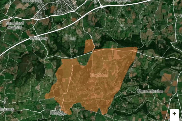 A National Grid map showing the Blackdown Hills power cut area shaded in brown.