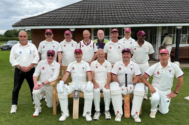 Somerset Over 60s, back left to right: Norman Yaw (umpire), John Courtney, Dave Wilcox, Steve Pigden, Andy Wright (scorer), Ian Thomas, Chris Bourton, Everton Griffith; front: Andy Carson, Graham Bishop, Martin Strong (capt) Gwyn Randolph, Paul Sparks.