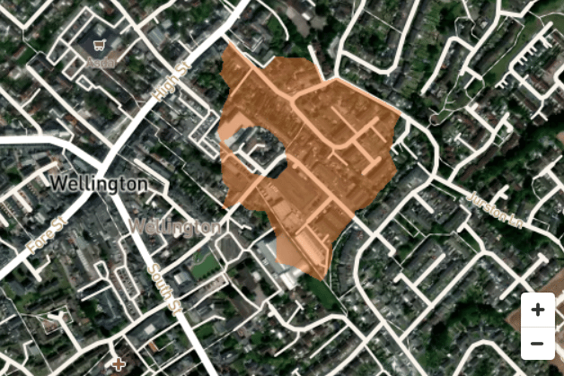 A National Grid map showing the area of Wellington where power was lost shaded in brown.