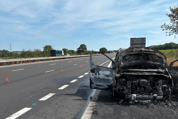 This car on the M5 motorway near Wellington was destroyed by fire on Monday with the flames threatening nearby fields and electrical installations.