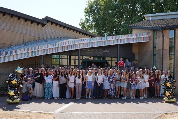 Students from the Taunton-based Richard Huish College celebrating a strong set of A level results.