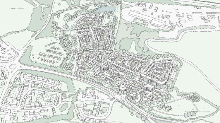 A computer generated image showing proposed new housing on fields just outside Wellington between Taunton Road and Poole.