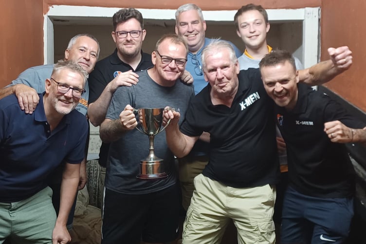 Jim Blackmore Champion Cup winners Ex-Servicemen, back left to right: Adrian Coles, Marc Bright, David Gardiner, Riley Richards; front: Geoff Hamlyn, Ricky Baker, Adrian Perry (capt), Lee Baker.