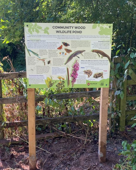 New signage installed by the Town Council's Open Spaces Team at the Community Wood wildlife pond.