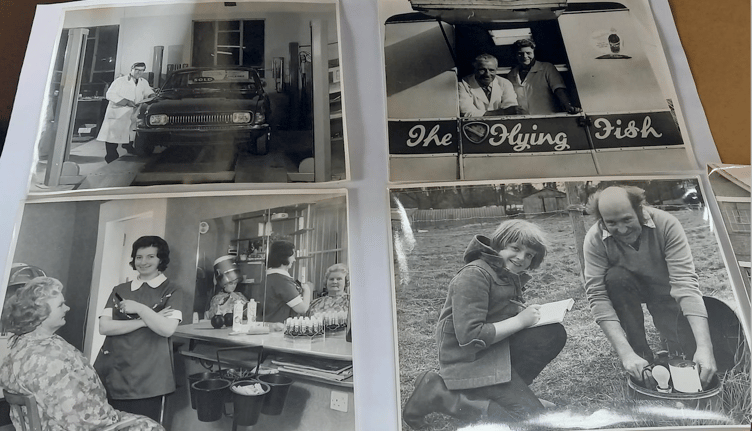 One of the Hemyock Heritage Sunday photographic exhibits showing (left to right) Stan Doble in his motor garage, the Flying Fish weekly visit from Honiton, hairdresser Peggy Ann, and Brian Clist with son Julian.