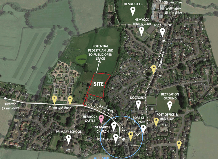 A plan showing the Hemyock self and custom build homes site outlined in red.