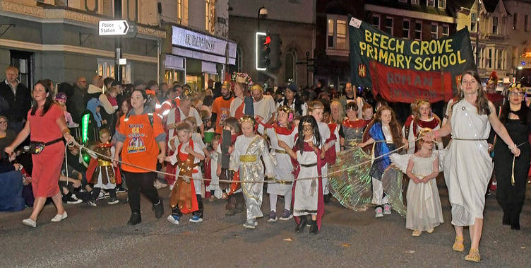 Pupils and staff of Beech Grove School staged a 'Roman Invasion' of Wellington Carnival on Saturday night. PHOTO: Alain Lockyer.