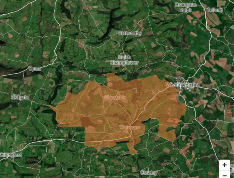 A National Grid map showing the area near Wiveliscombe shaded in brown where electricity was lost on Wednesday morning.