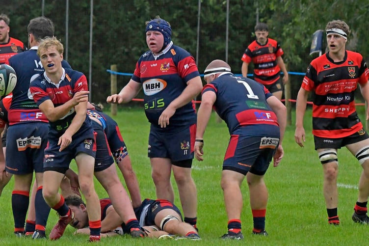 Richard Baker sets up an attack for Wiveliscombe in a pre-season rugby friendly against Wellington.