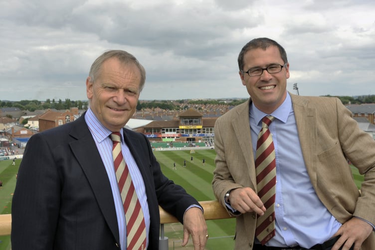 Lord Jeffrey Archer (left), pictured with Somerset County Cricket Club chief executive Richard Gould in 2008, before a visit to Wellington School. PHOTO: Alain Lockyer.