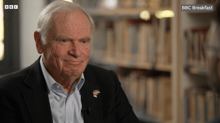 A video grab of Lord Jeffrey Archer while being interviewed by the BBC in the Wellington School library on Friday.