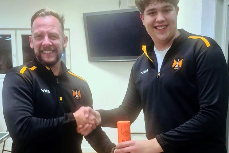 Keeper Sam (right) was named player of the match and he is pictured with coach Jon Stanyard.