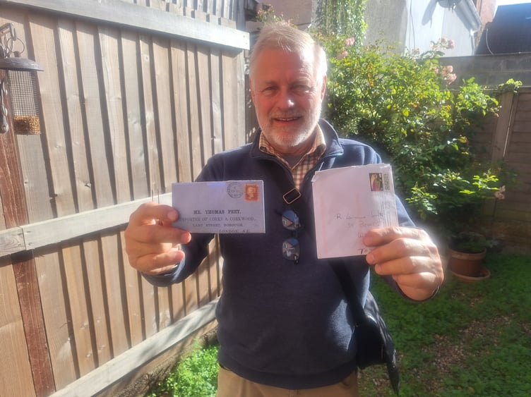 Richard Loraine-Smith holds in his right hand a 1868 letter which travelled from Stratford upon Avon to London overnight, and in his left hand a 2026 birthday card from his brother which took five weeks to travel 50 miles.
