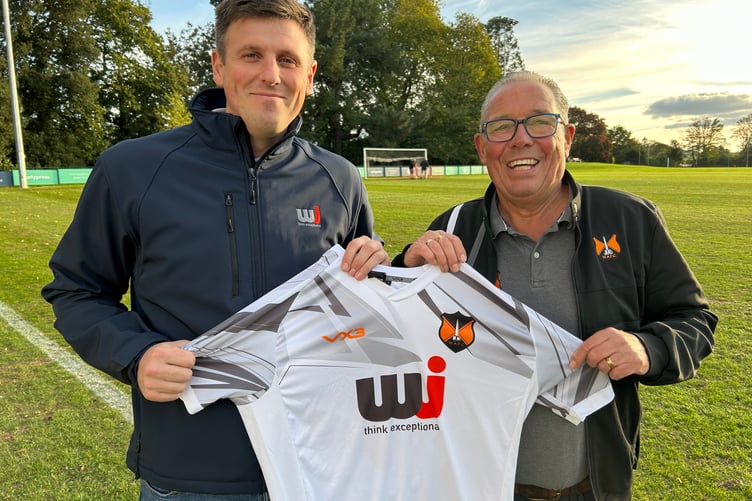 Wellington AFC are indebted to WJ South West for again sponsoring their first team’s away kit this season and also for sponsoring the game v Torpoint Athletic.
Joe Greenwood, left, their framework manager, is pictured with interim chairman Graham Aspin.