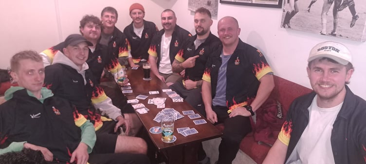 Here 4 the Beer, who play in the Chris Bullock Championship, left to right: Ben Wyeth, Jimmy Cooper, Ross Cobley (capt), Jack Dyson, Will Brewer, Elliott Broom, Adam Morgan, Ollie Price, Ben Price.